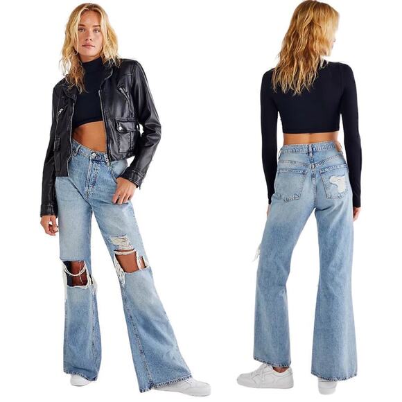 Free People Flare Jeans Size 31 New Dawn in Victoria Blue Distressed Revolve - Picture 1 of 9